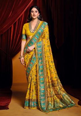 Mustard Yellow Abstract Print Silk Blend Saree Set