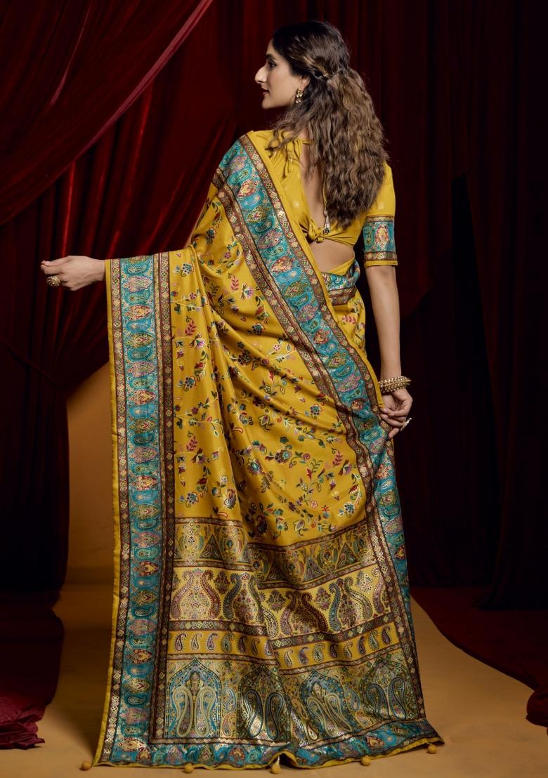Mustard Yellow Abstract Print Silk Blend Saree Set