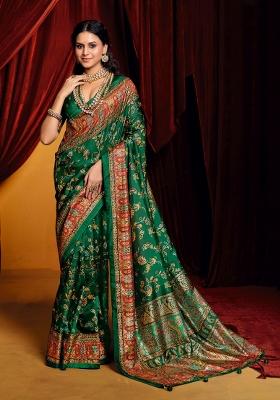 Dark Green Abstract Print Silk Blend Saree Set