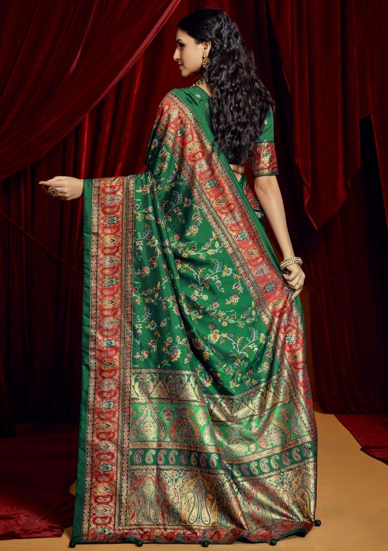 Dark Green Abstract Print Silk Blend Saree Set