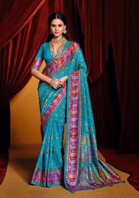 Sky Blue Abstract Print Silk Blend Saree Set