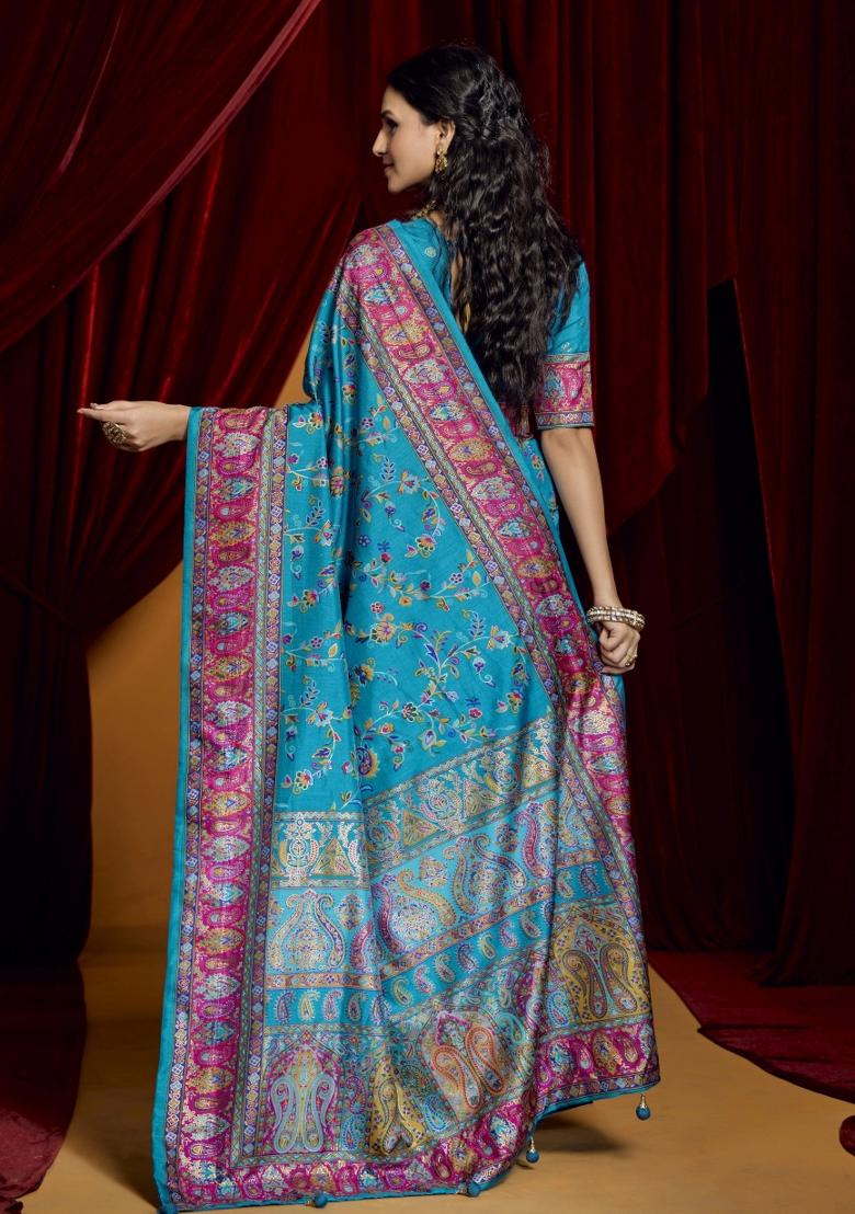 Sky Blue Abstract Print Silk Blend Saree Set