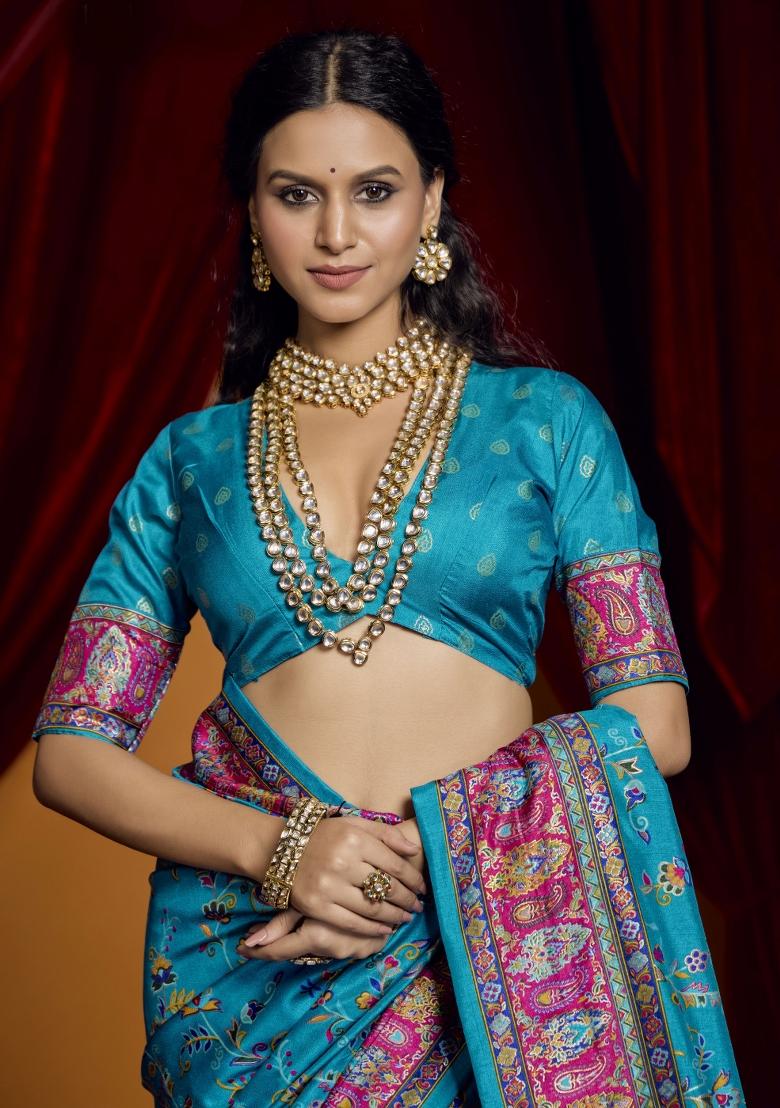 Sky Blue Abstract Print Silk Blend Saree Set