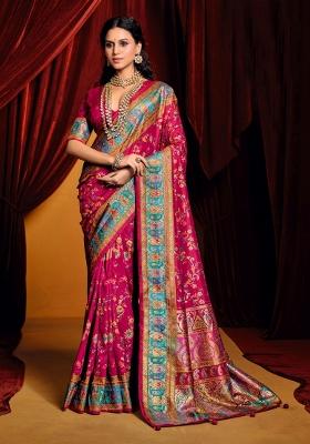 Pink Abstract Print Silk Blend Saree Set