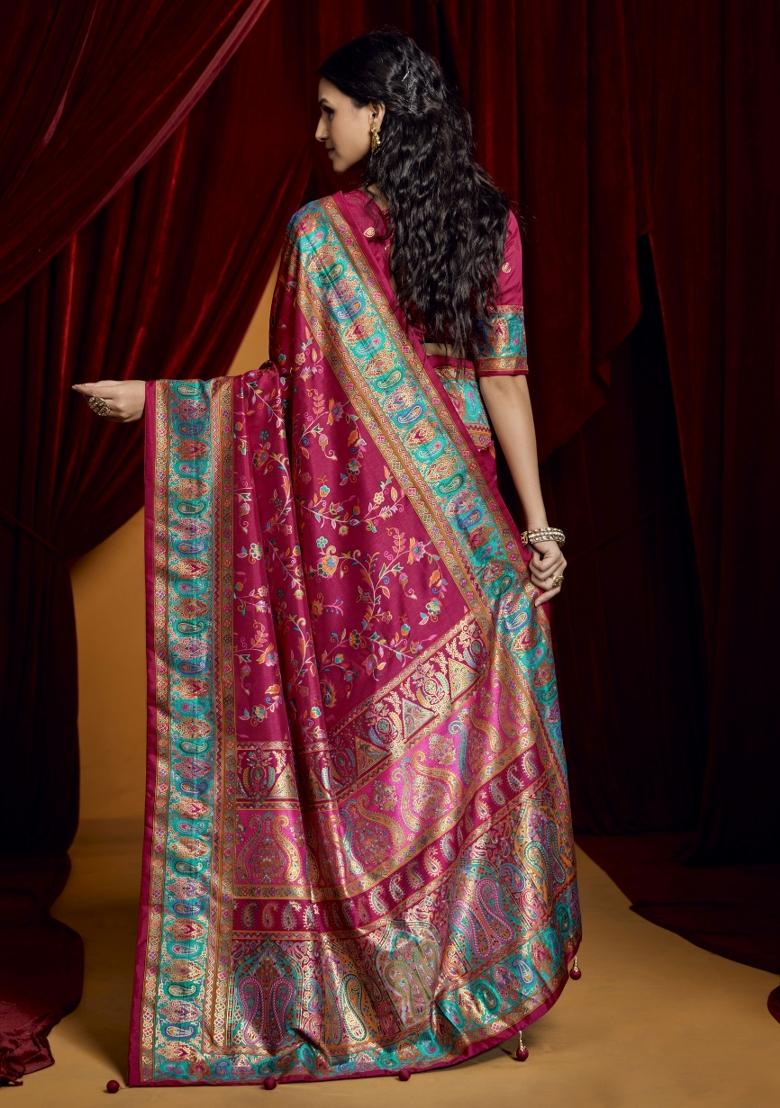 Pink Abstract Print Silk Blend Saree Set
