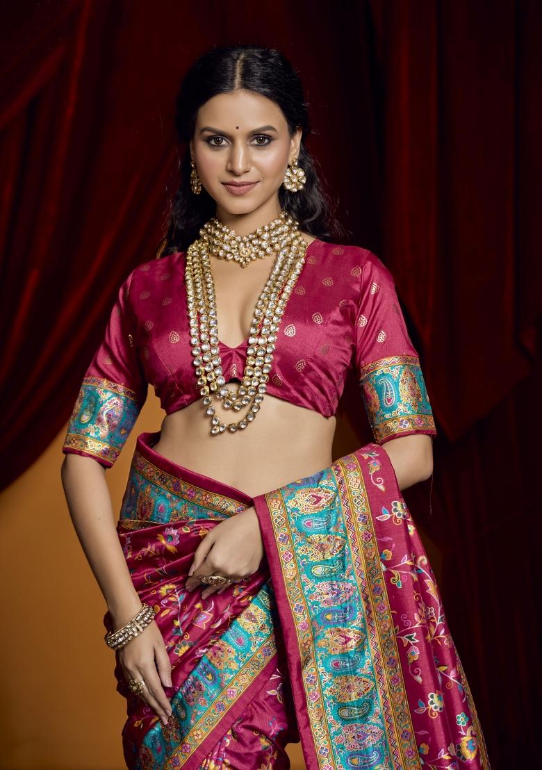 Pink Abstract Print Silk Blend Saree Set