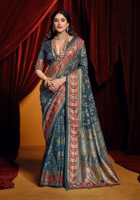Grey Abstract Print Silk Blend Saree Set