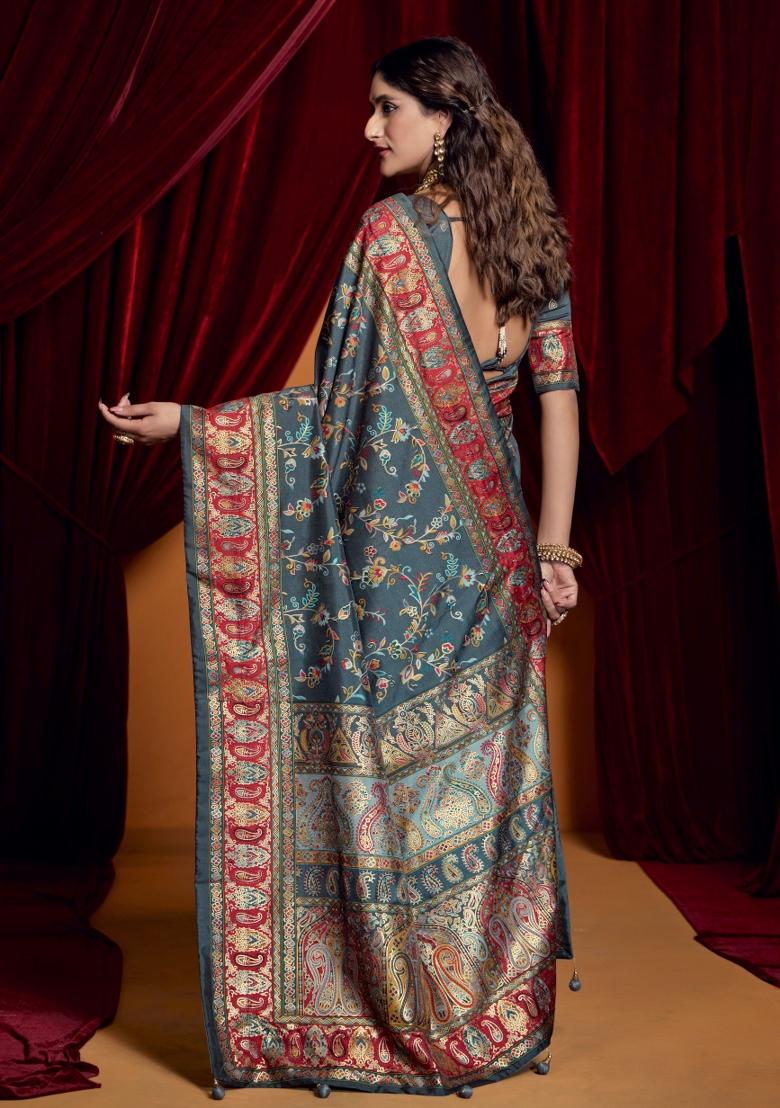 Grey Abstract Print Silk Blend Saree Set