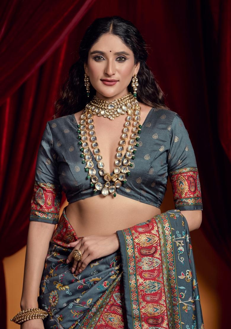 Grey Abstract Print Silk Blend Saree Set