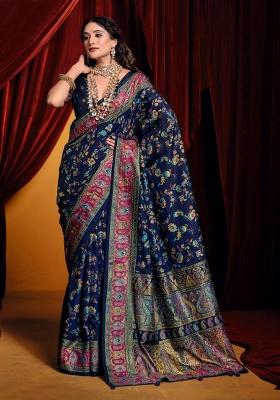 Navy Blue Abstract Print Silk Blend Saree Set