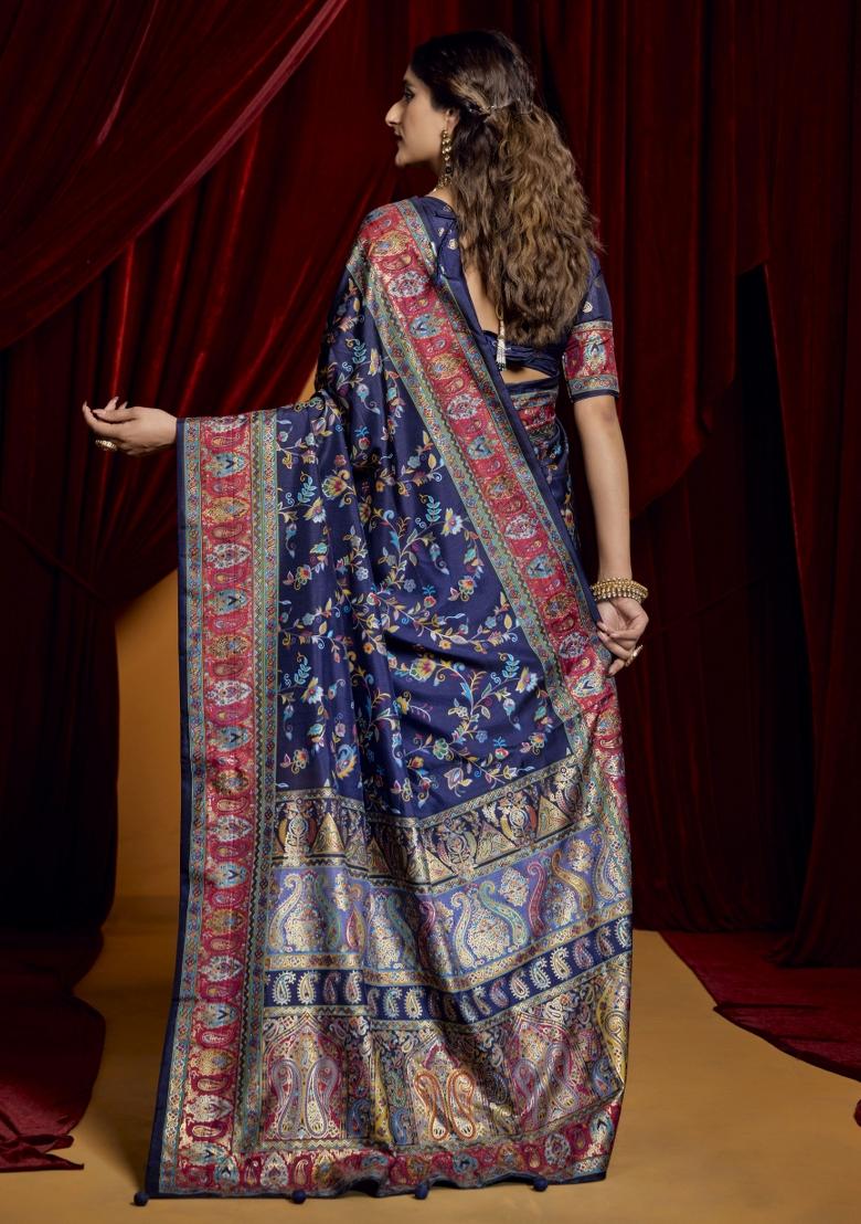 Navy Blue Abstract Print Silk Blend Saree Set