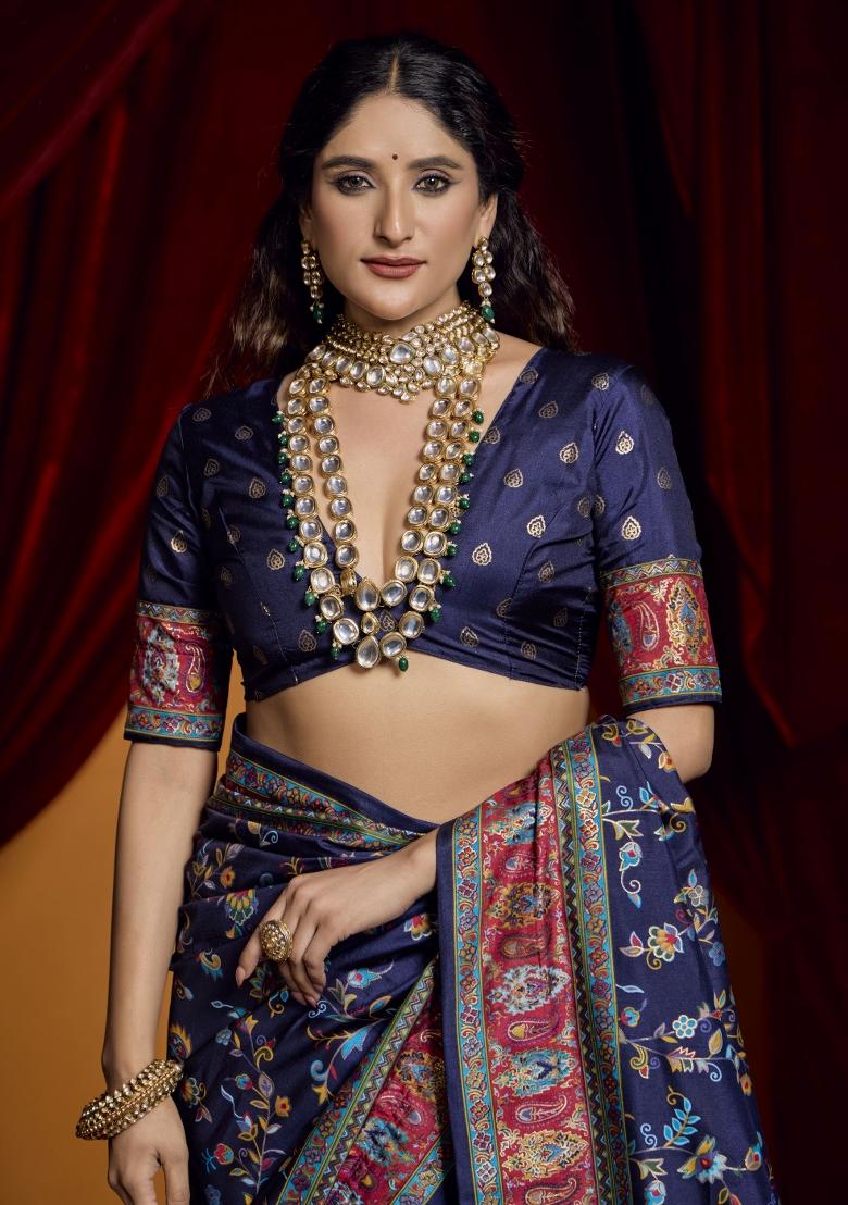 Navy Blue Abstract Print Silk Blend Saree Set