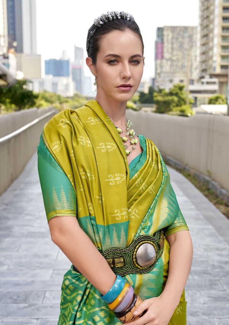 Rama Green Abstract Print Silk Blend Saree Set