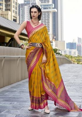 Red Abstract Print Silk Blend Saree Set