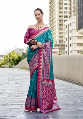 Pink Abstract Print Silk Blend Saree Set