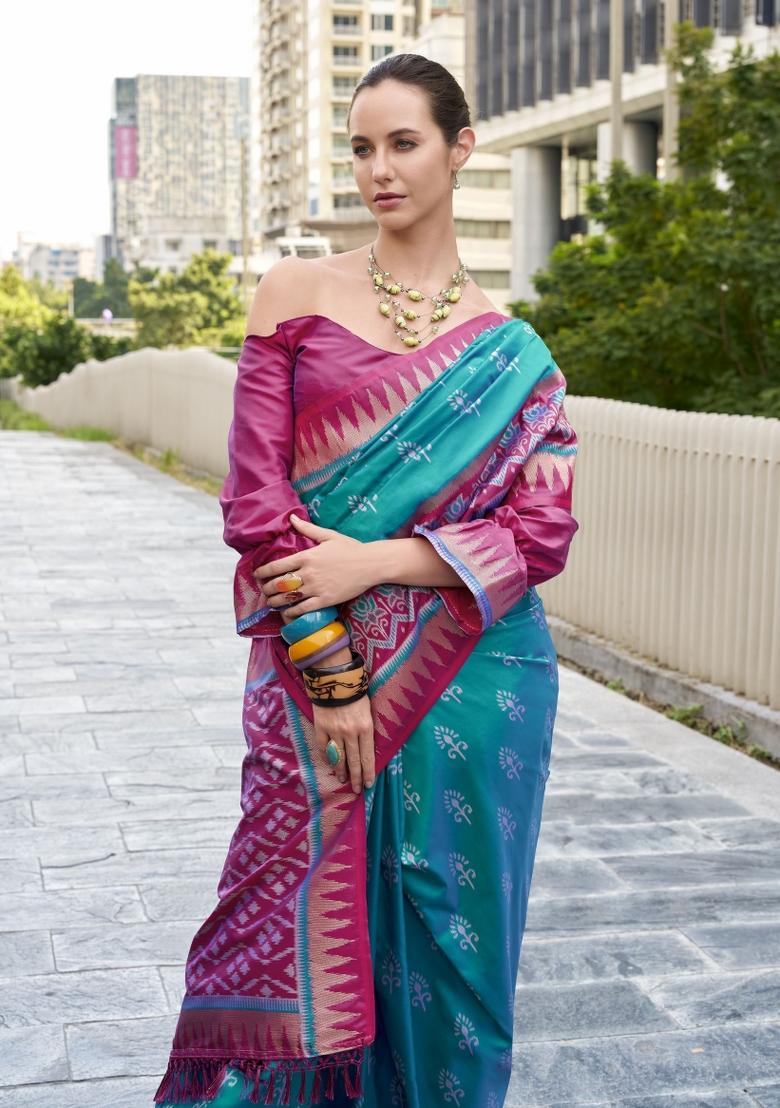 Pink Abstract Print Silk Blend Saree Set