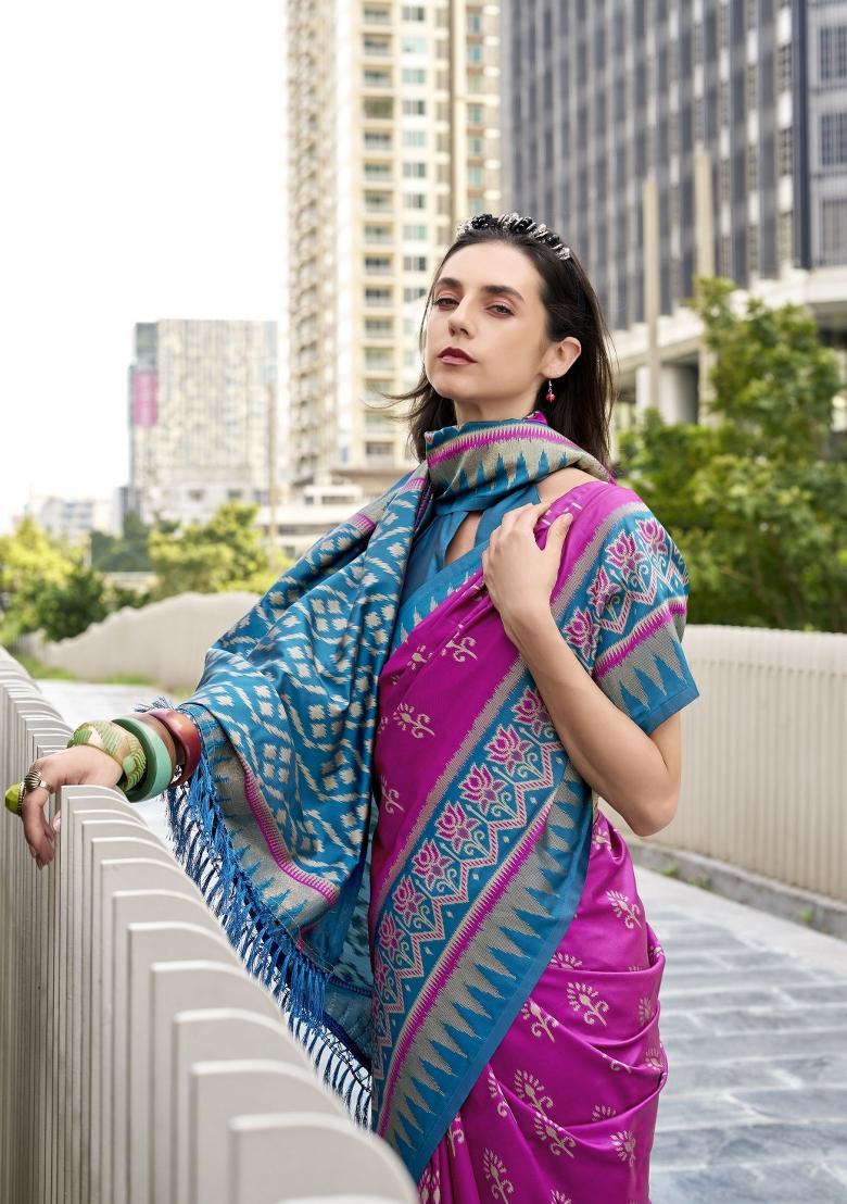 Blue Abstract Print Silk Blend Saree Set