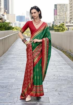 Red Abstract Print Silk Blend Saree Set