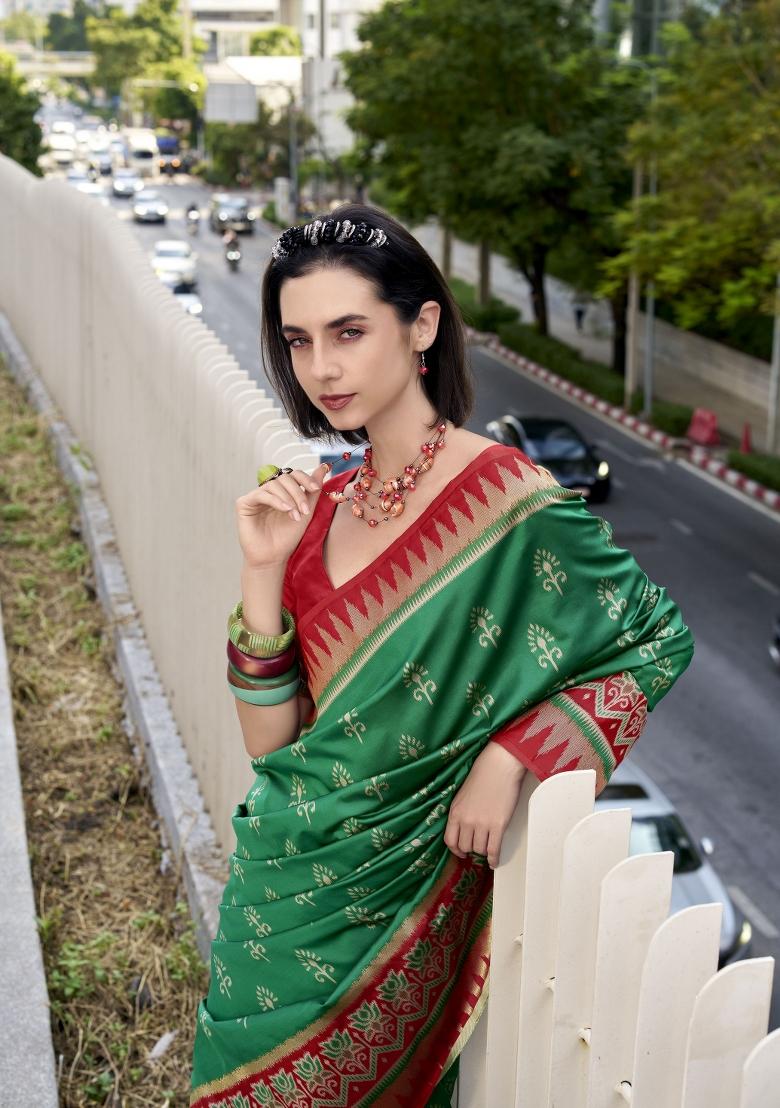 Red Abstract Print Silk Blend Saree Set