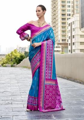 Magenta Abstract Print Silk Blend Saree Set