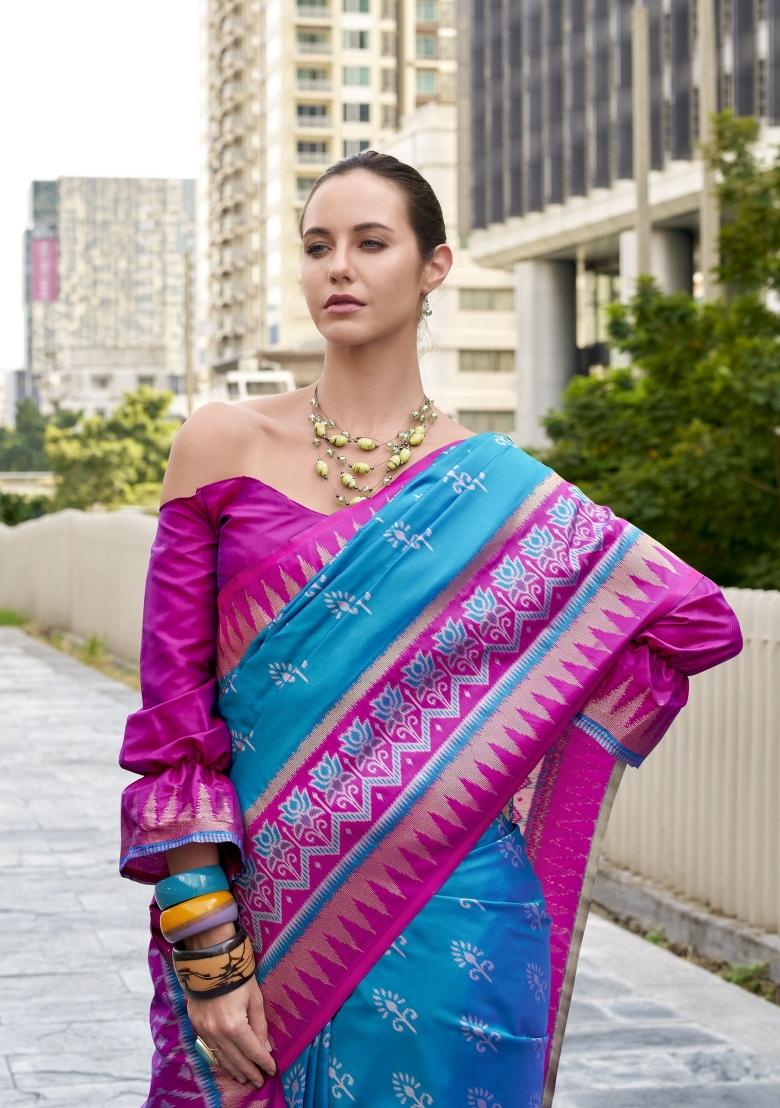 Magenta Abstract Print Silk Blend Saree Set