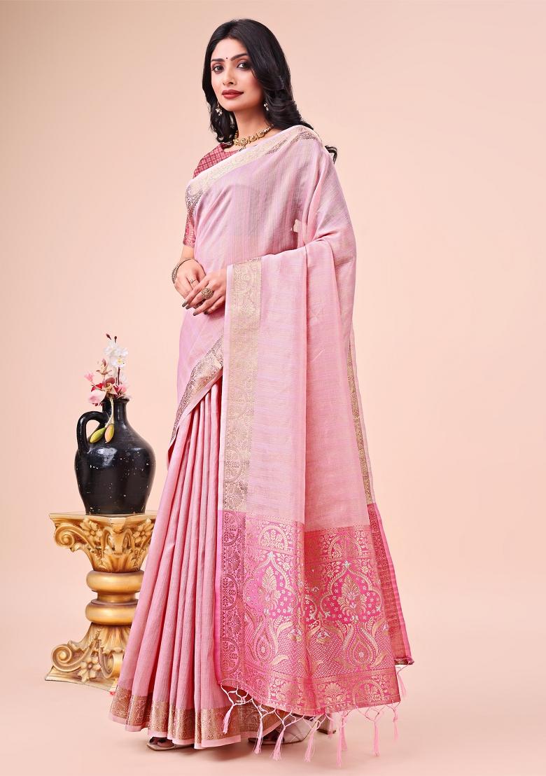 Pink Zari Woven Organza Saree Set