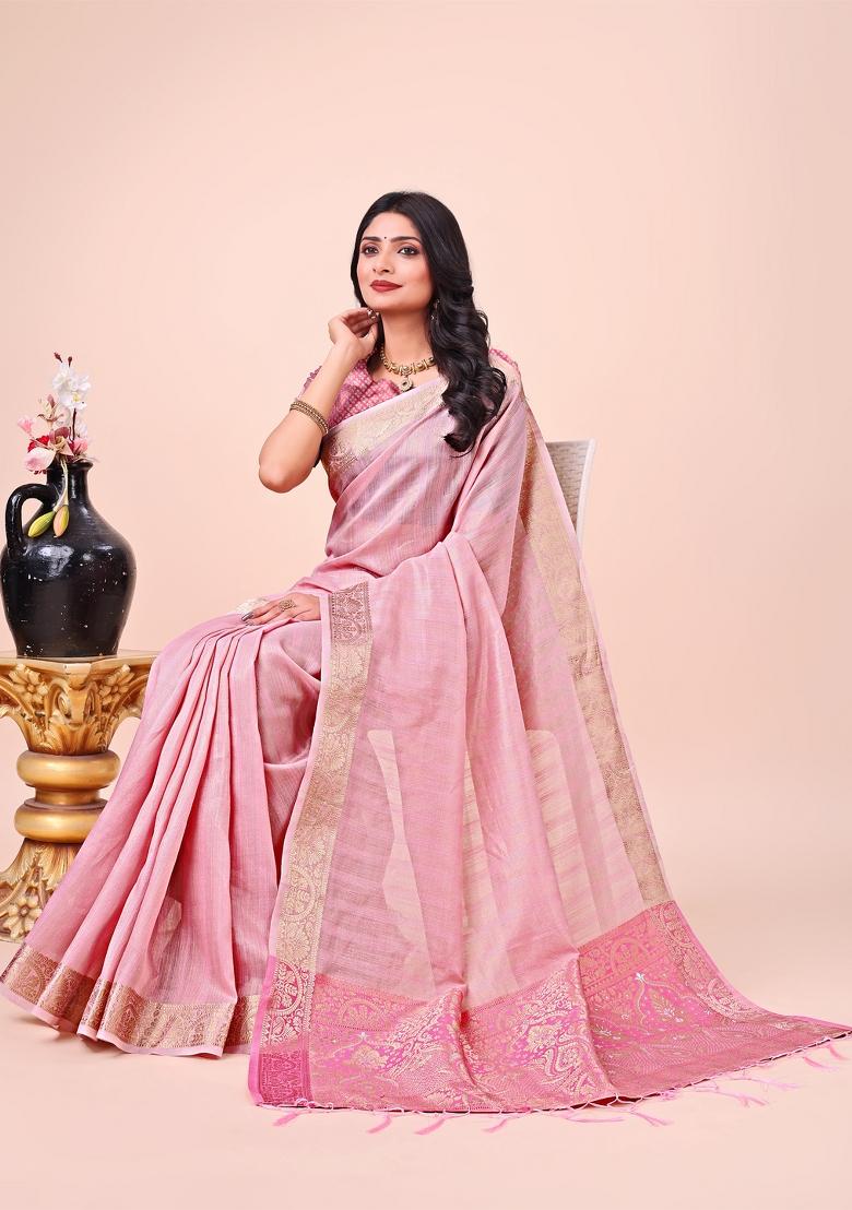 Pink Zari Woven Organza Saree Set