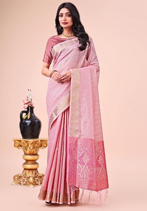 Pink Zari Woven Organza Saree Set