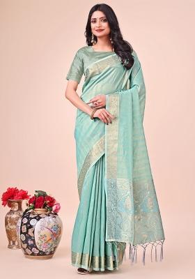 Teal Blue Zari Woven Organza Saree Set