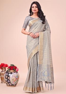 Grey Zari Woven Organza Saree Set