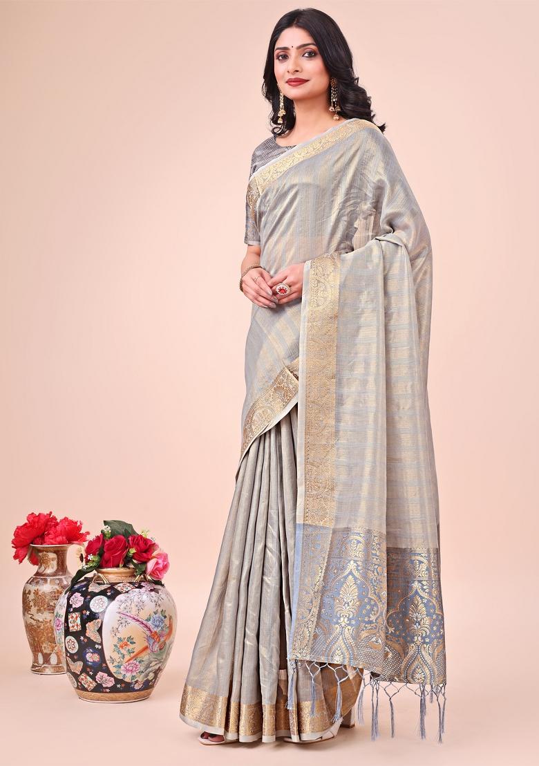 Grey Zari Woven Organza Saree Set