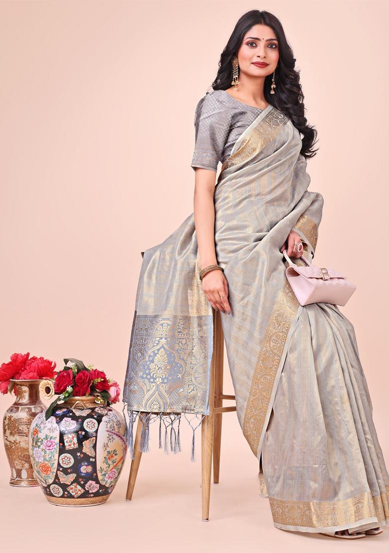 Grey Zari Woven Organza Saree Set