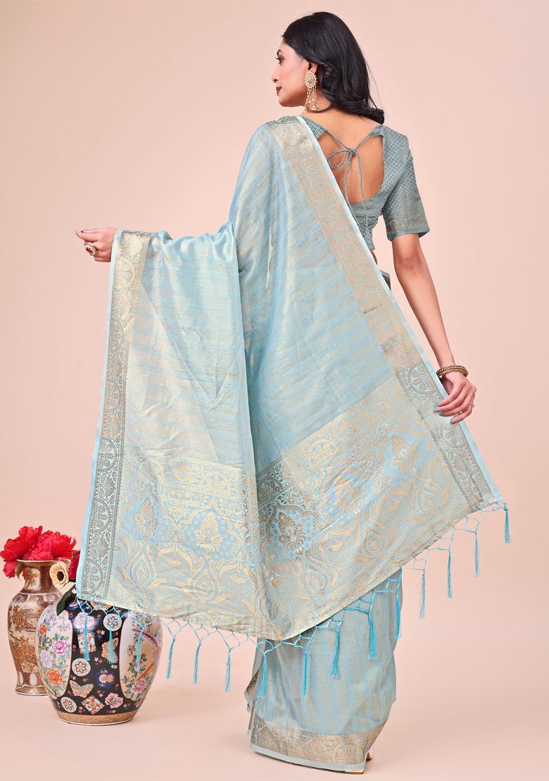 Sky Blue Zari Woven Organza Saree Set