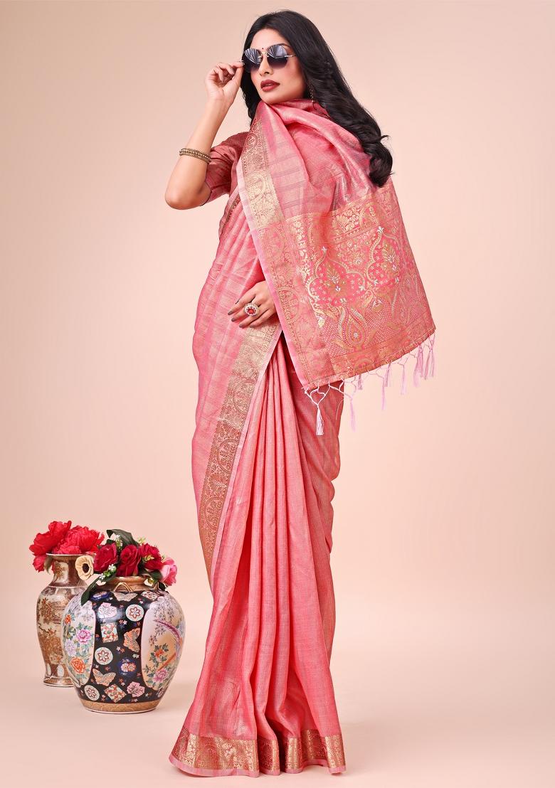 Peach Zari Woven Organza Saree Set