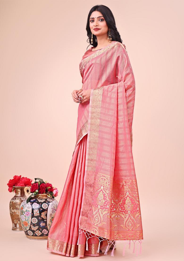 Peach Zari Woven Organza Saree Set