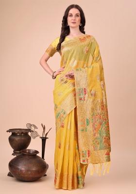 Yellow Zari Woven Cotton Blend Saree Set