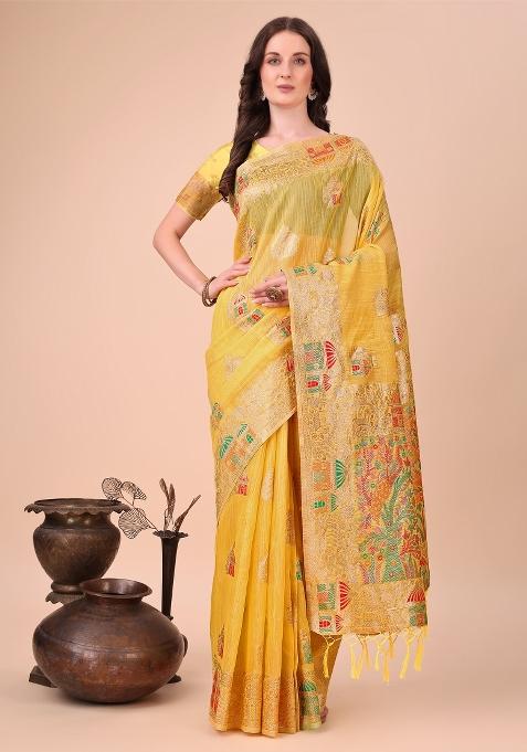 Yellow Zari Woven Cotton Blend Saree Set