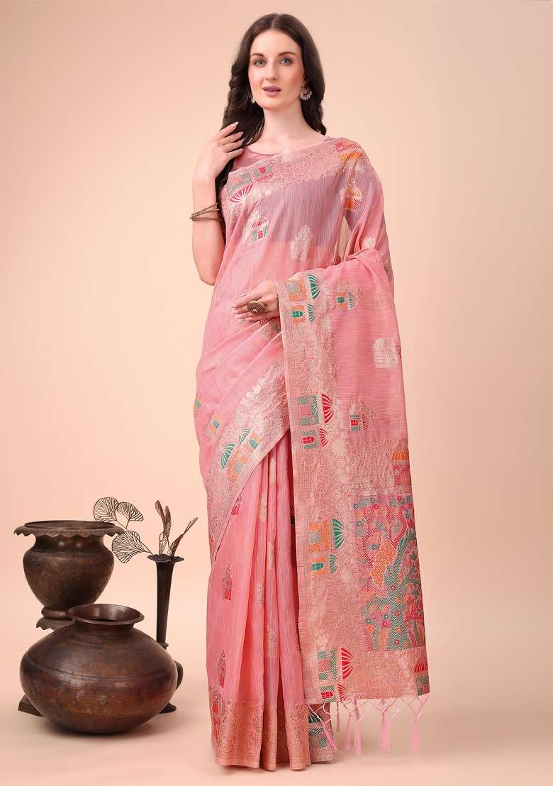 Pink Zari Woven Cotton Blend Saree Set - Indya