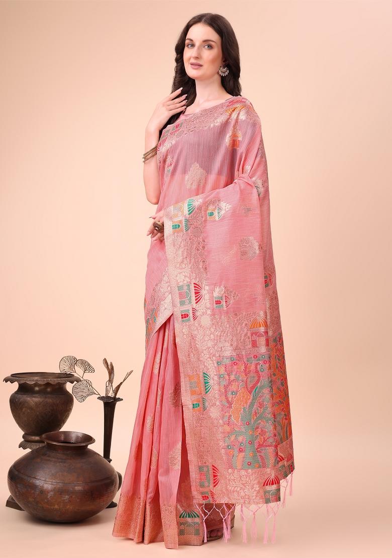 Pink Zari Woven Cotton Blend Saree Set