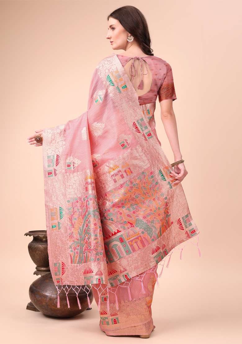 Pink Zari Woven Cotton Blend Saree Set - Indya
