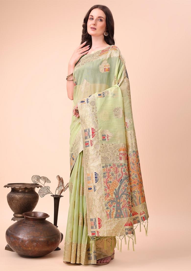 Light Green Zari Woven Cotton Blend Saree Set