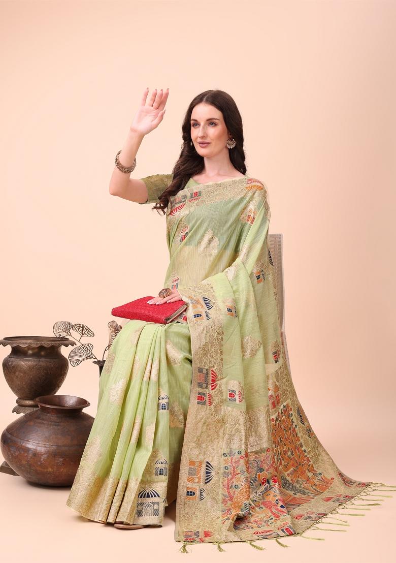 Light Green Zari Woven Cotton Blend Saree Set