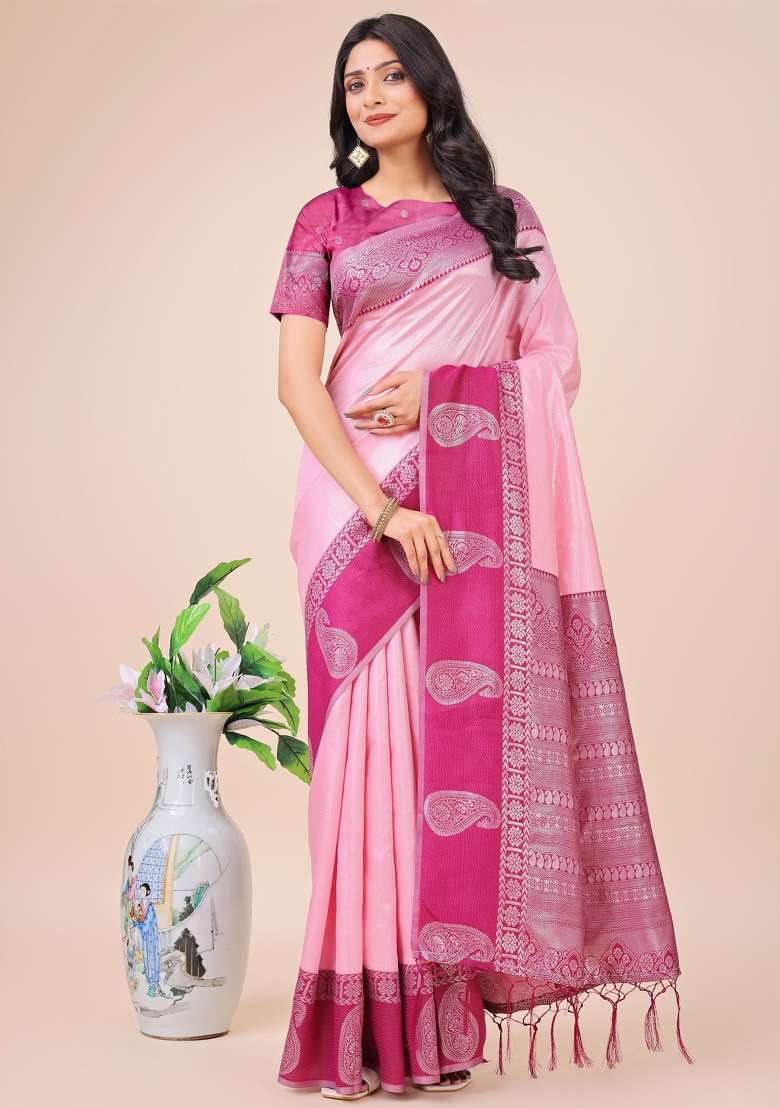 Magenta Zari Woven Art Silk Saree Set - Indya