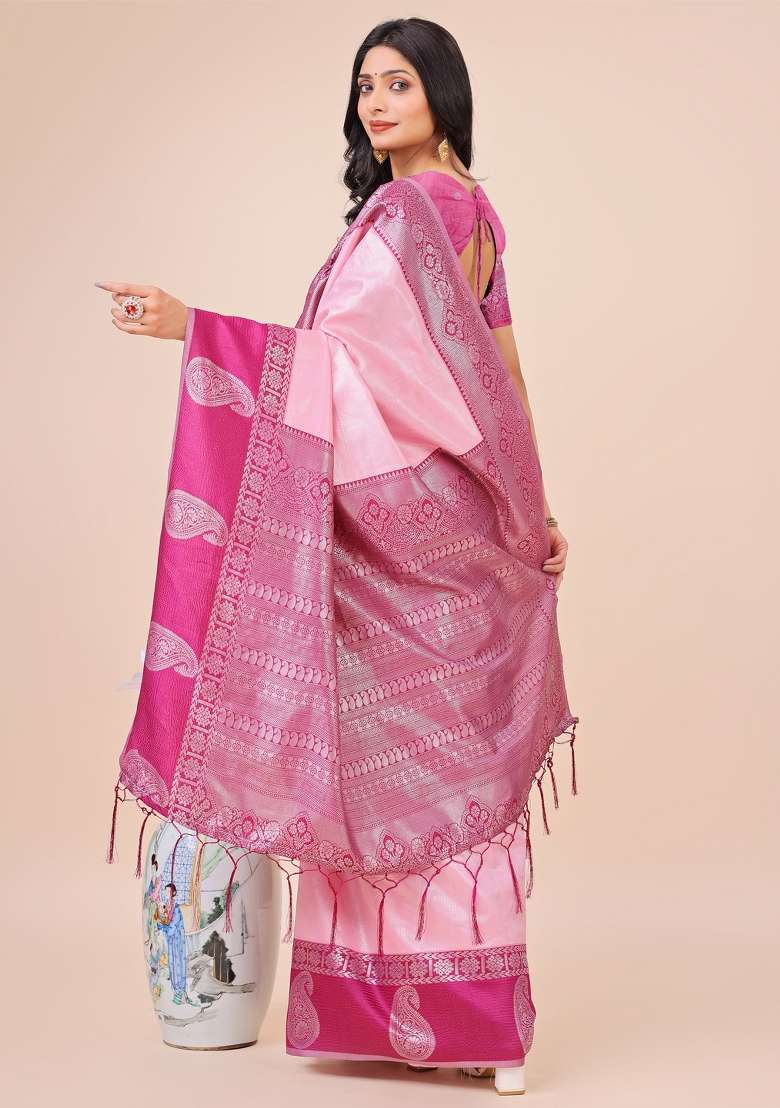 Magenta Zari Woven Art Silk Saree Set - Indya