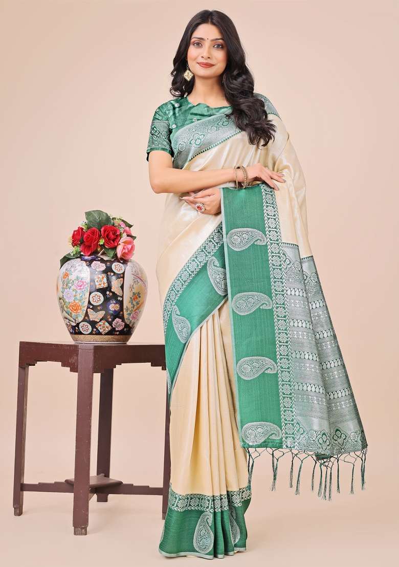 Green Zari Woven Art Silk Saree Set - Indya