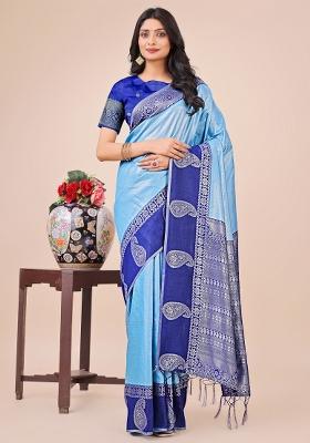 Blue Zari Woven Art Silk Saree Set