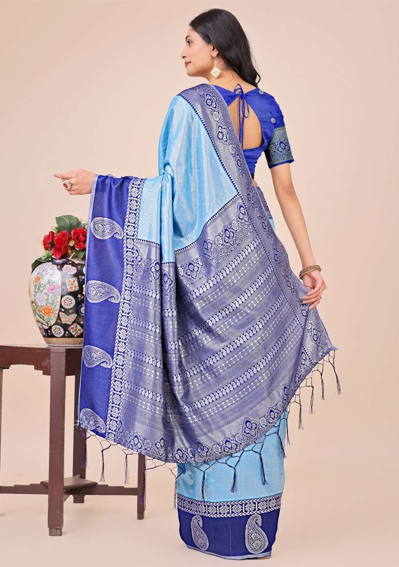 Blue Zari Woven Art Silk Saree Set - Indya