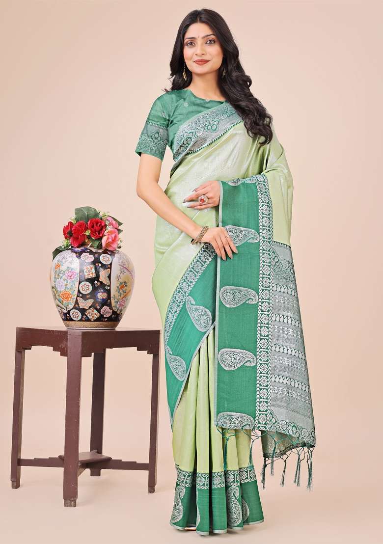Green Zari Woven Art Silk Saree Set - Indya
