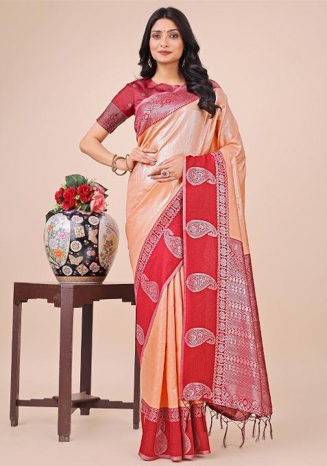 Red Zari Woven Art Silk Saree Set