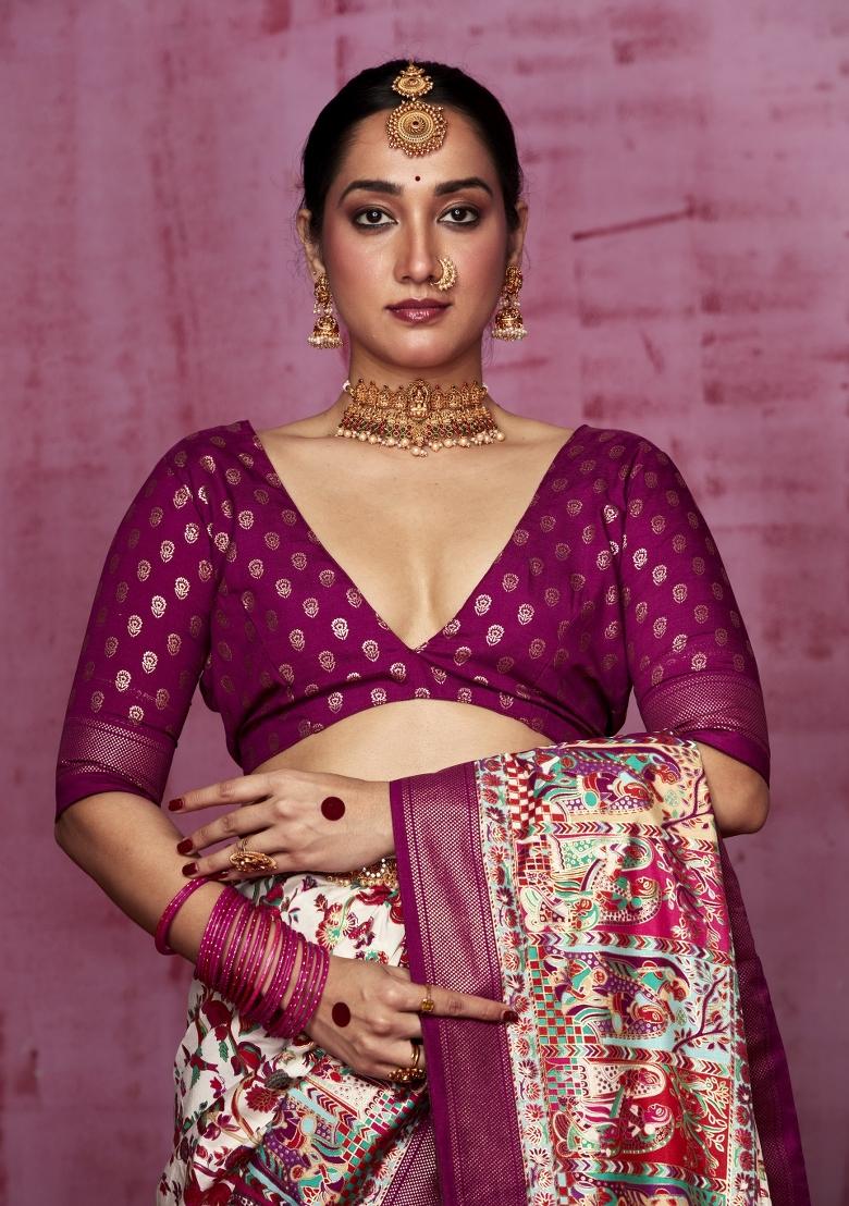 Mulberry Blue Abstract Print Silk Blend Saree Set